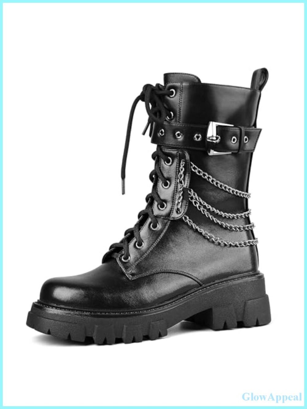 Motorcycle Combat Boots for Women Ankle Boots Rhinestone Chunky Lace Up